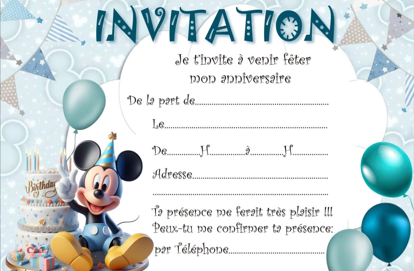 Lot de 10 Cartes d'invitation Disney
